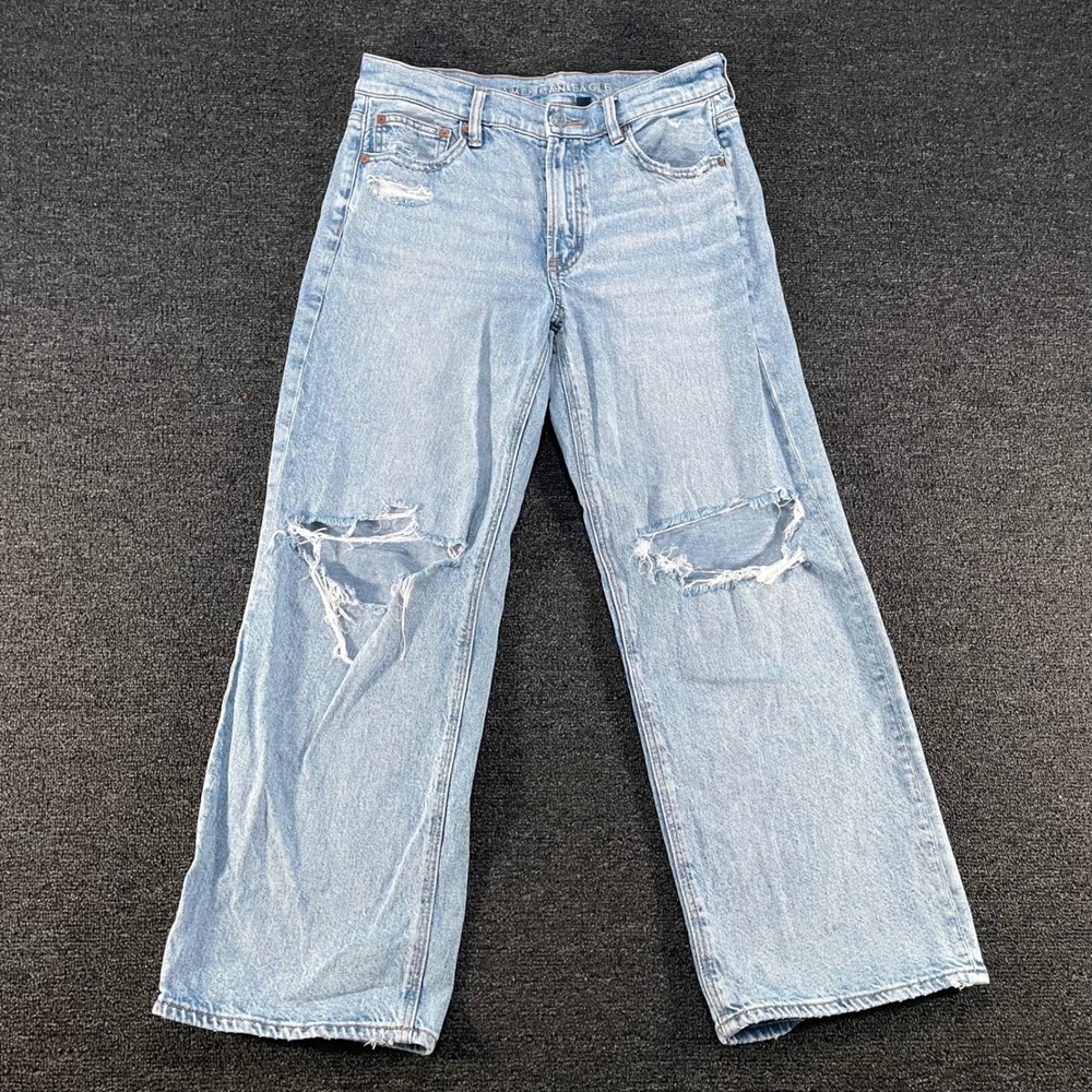 American Eagle Strigid Wide Leg Jeans Womens 6 Short Light Wash Good Distressed